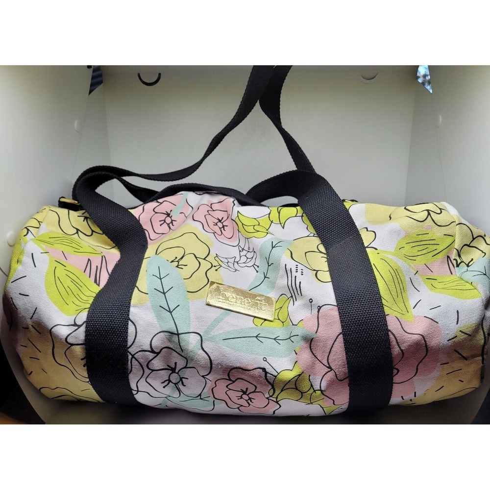 Benefit‎ SF Tote Bag Canvas Duffle Bag Teal Yellow Pink White Overnight Travel